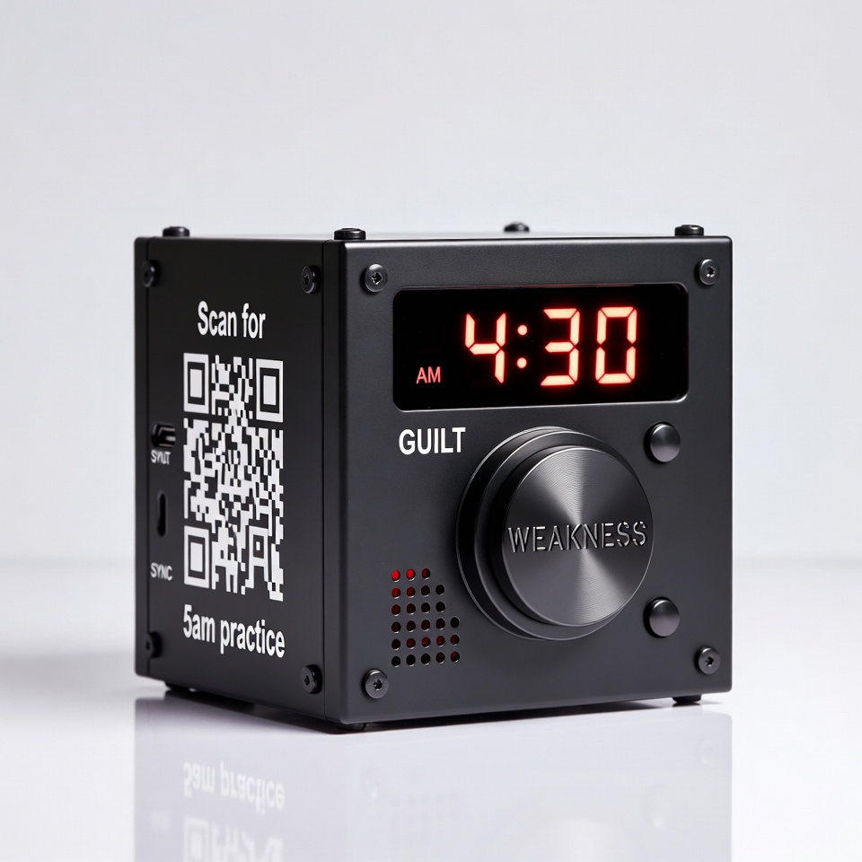 Commitment Crusher Alarm Clock - Black cube-shaped alarm clock showing 4:30 AM with GUILT and WEAKNESS branding