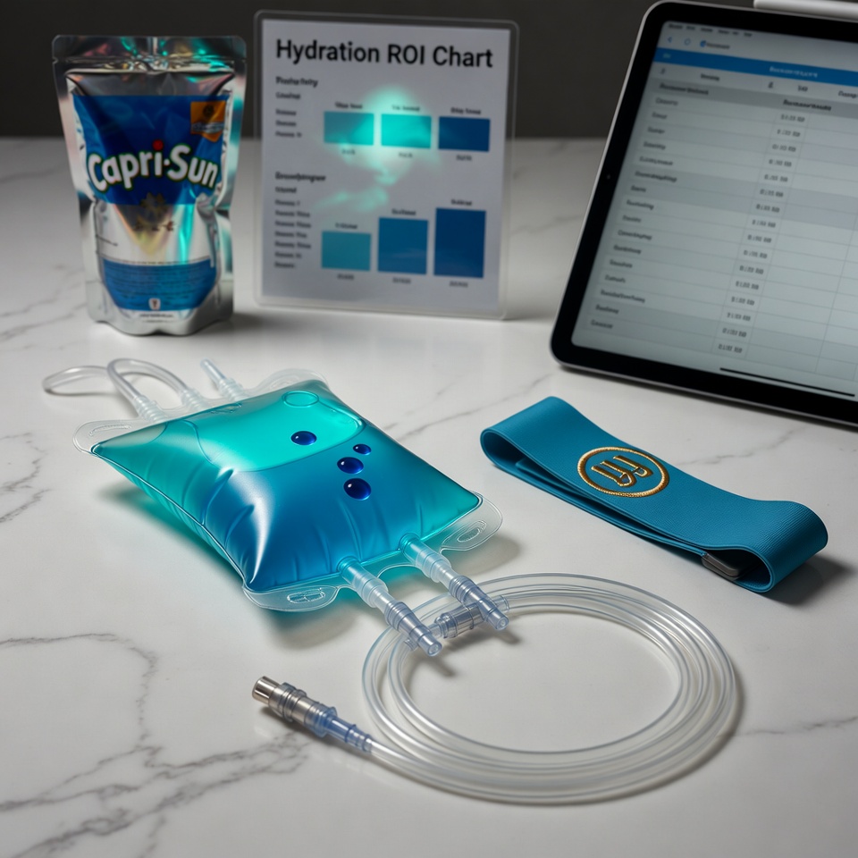 EliteFuel IV Drip Kit - Clear IV bag with blue gradient liquid, hydration chart, and performance accessories